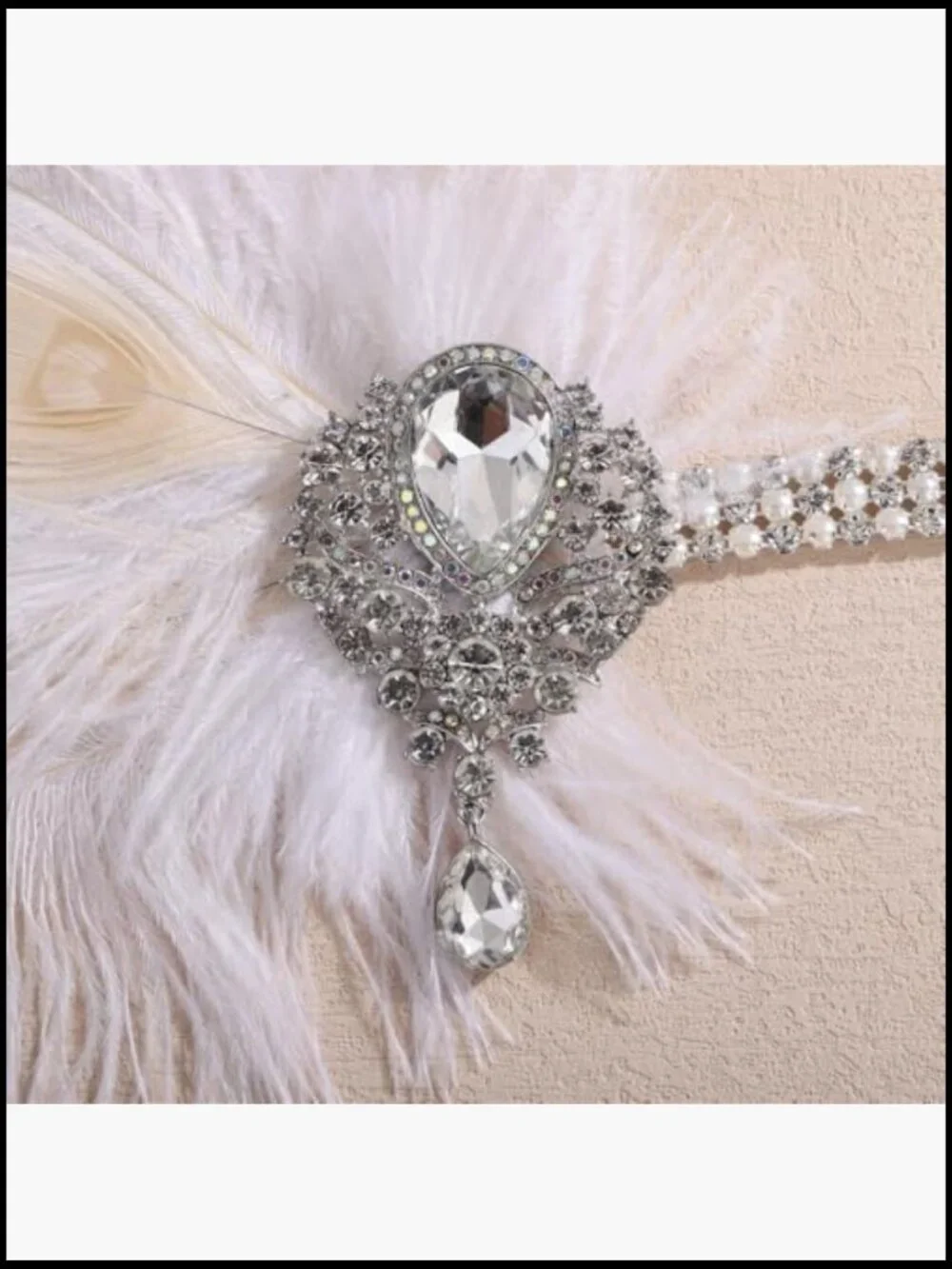 1920s Flapper White Feather Headband with Crystal Pendant Rhinestone Hair - Picture 6 of 7